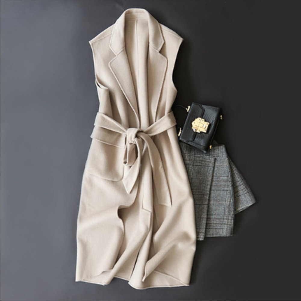 Sleeveless Belted Long Vest in Beige